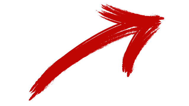 Hand-drawn brush stroke style red arrow pointing up and to the right with direction scribble indicator navigation business emphasis attention creative illustration isolated background
