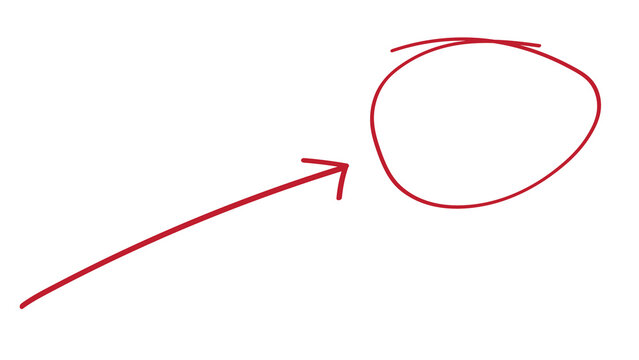 Red hand-drawn arrow pointing towards a circle isolated on white background pointing direction highlight attention isolated illustration abstract emphasize important indication