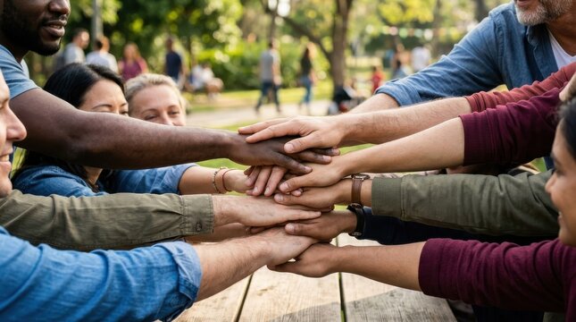 Diverse group of friends stacking hands together in a park for unity