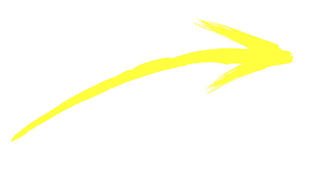 Curved hand-drawn yellow brush stroke arrow pointing down right on white background with direction isolated illustration artistic pointing indicator highlight movement navigation handmade