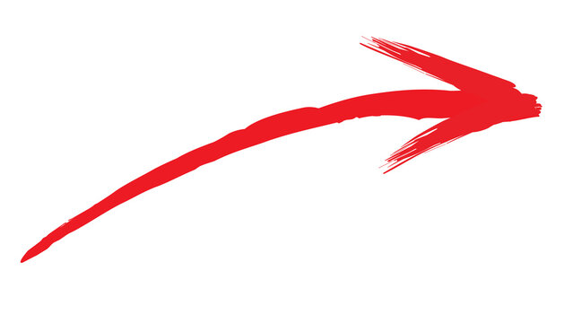 Curved hand-drawn red brush stroke arrow pointing down right on white background with direction isolated illustration artistic pointing indicator highlight movement navigation information