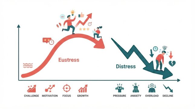 Illustration shows the contrast between eustress and distress, highlighting their effects on mental health.