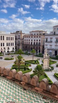 High angle view of the historic square and gardens from the roof of Palermo Cathedral, Sicily, Italy