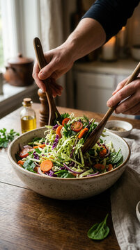Fresh Garden Salad Being Tossed In A Rustic Kitchen Setting