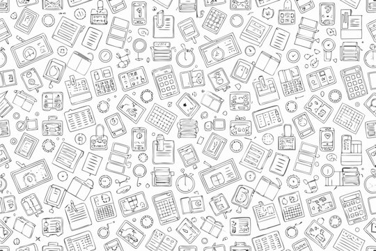 Office supplies and equipment doodle pattern detailed line drawing on a white background