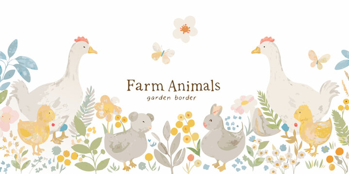 Watercolor farm animals and floral garden border illustration with chickens rabbits and chicks