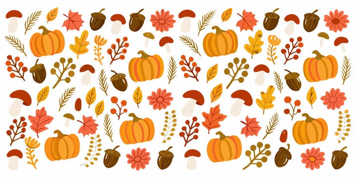 Fall Harvest Elements Collection A Colorful Vector Illustration With Pumpkins Leaves And Acorns