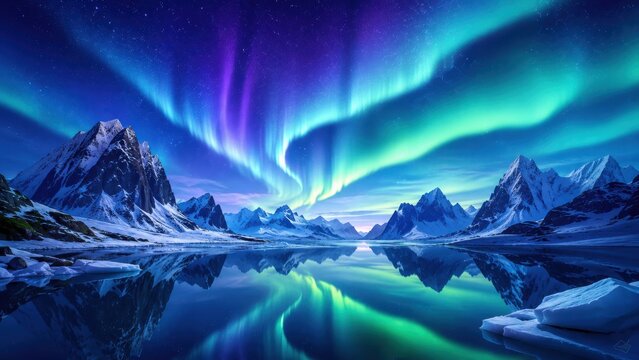 Spectacular aurora borealis dances over snow-capped mountains and reflective lake