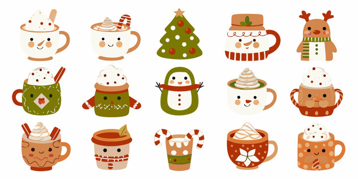 Festive Holiday Hot Cocoa Mugs And Winter Characters A Colorful Vector Illustration chocolate