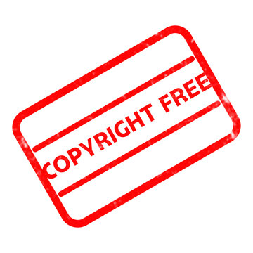 Copyright free red rubber stamp on white background, weathered ink texture, legal status mark for creative licensing and public domain content