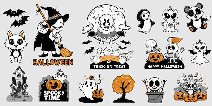Halloween Cartoon Characters And Elements Vector Illustration With Black And White Color Palette