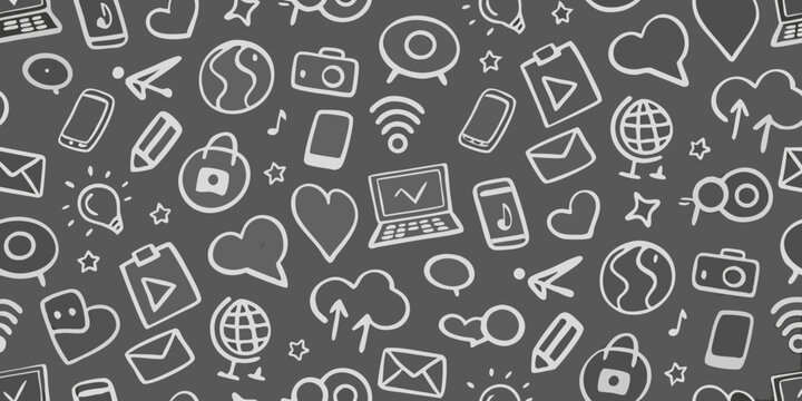 Communication technology doodle pattern with icons of smartphones cameras and envelopes smartphone mobile