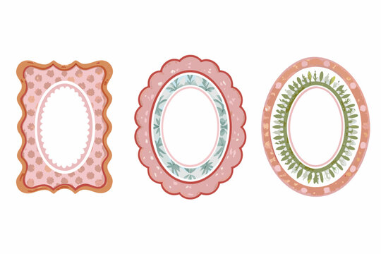 Ornate floral frame set vector illustration with pastel colors and scalloped edges decorative