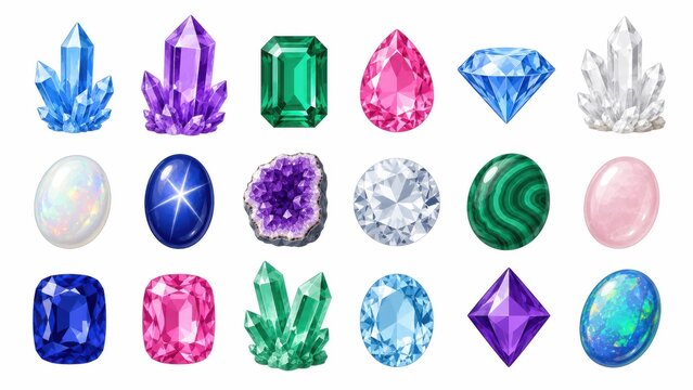 Collection of colorful gemstones and crystal clusters on white background