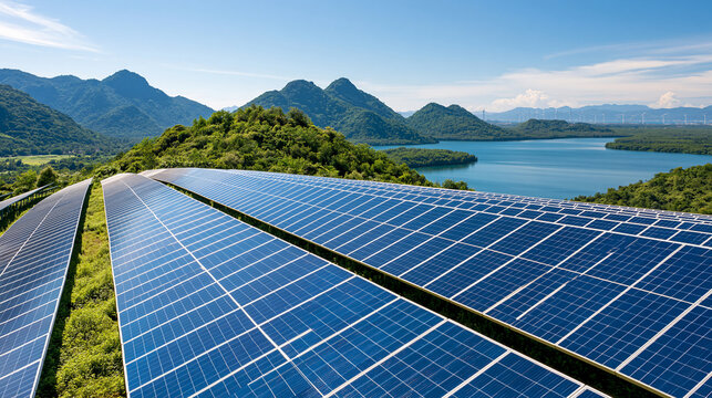 Aerial view of vast solar farm nestled on hillside, providing clean energy within picturesque landscape, sustainability, with copy space