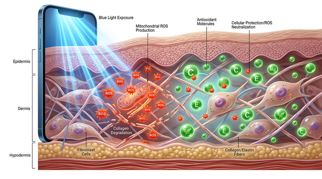 Scientific illustration of blue light effect on human skin layers