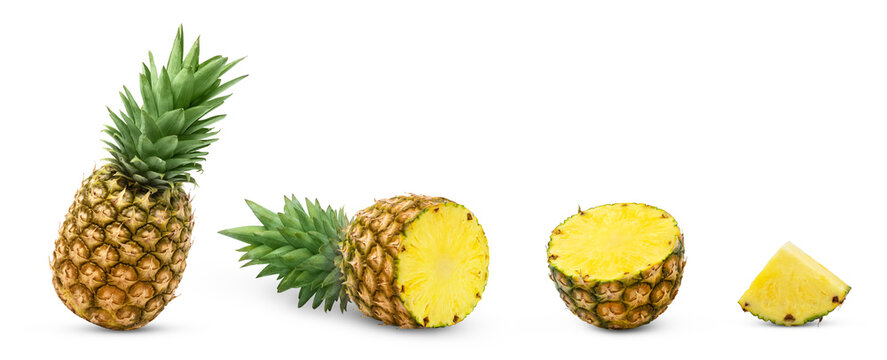 Isolated pineapples set. Whole juicy pineapple, cut in a half of pineapple, slice and wedge of ananas isolate collection.