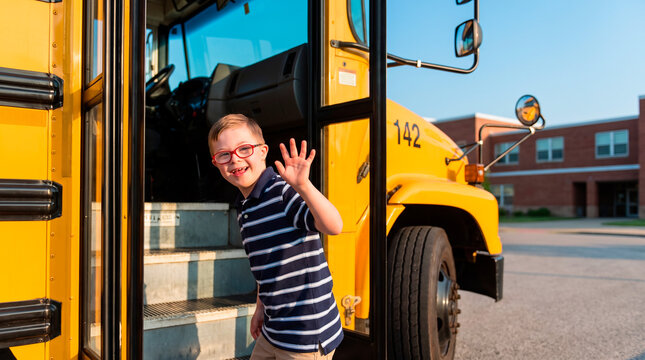 Happy boy with Down syndrome waves goodbye from a school bus