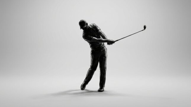 Golfer in silhouette swings a club with dynamic motion against a plain background