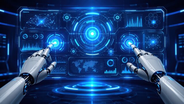 Robotic hands interact with a futuristic blue digital interface displaying data