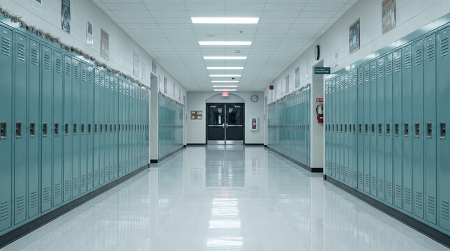 Empty school hallway with rows of teal lockers and bright overhead lights