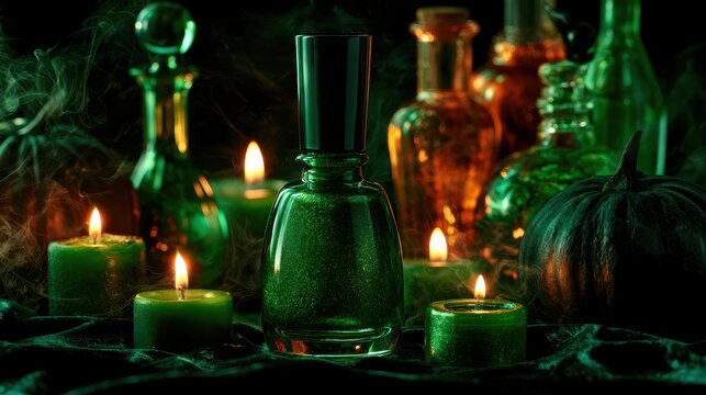 Halloween Green Nail Polish Mockup with Witch Potion Bottles and Candles