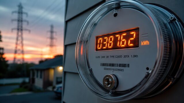 Digital Smart Electricity Meter Showing Rising Energy Consumption and Utility Costs at Sunset