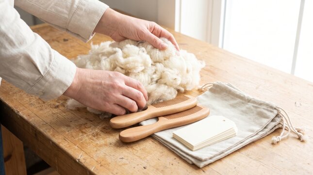 Hands sorting raw natural wool next to wooden combing tools on a table