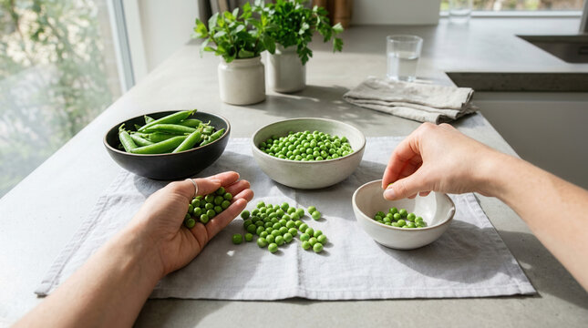 Fresh Garden Peas Being Hand-Picked And Placed Into Bowls