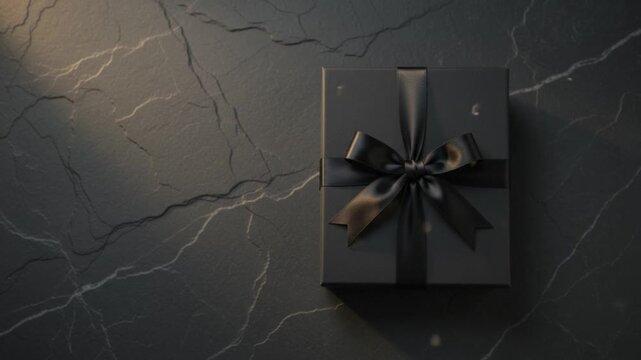 Static top down view of a matte black gift box tied with a satin ribbon on a dark textured table with subtle glowing golden bokeh light motes drifting gently in a premium studio setup.