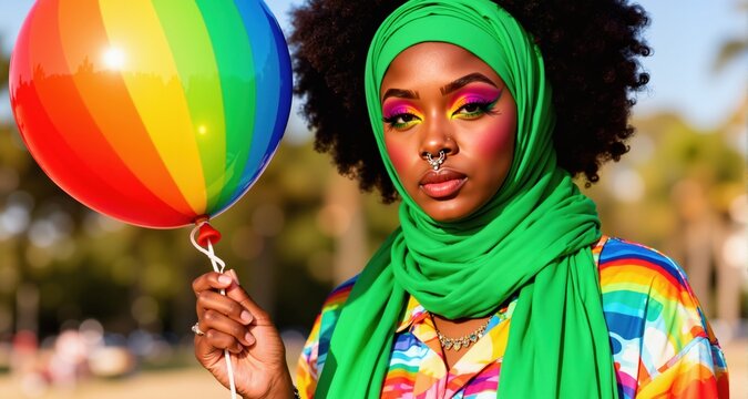 modern afro woman in green hijab with bright make up and piercing nose hokding rainbow air balloon in summer pak outdoors.
