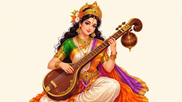 Vibrant goddess playing a veena with intricate jewelry and colorful attire