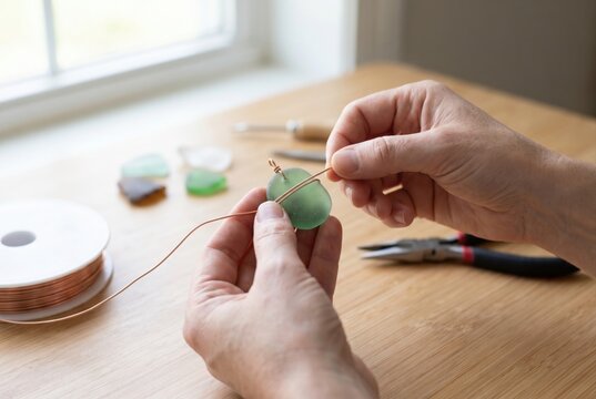 Hands wrapping green sea glass with copper wire to make jewelry on a wooden desk