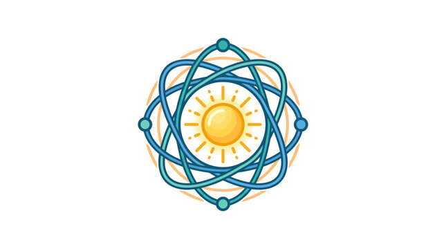 Atomic symbol with glowing sun center.