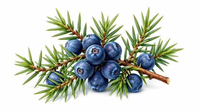 Juniper berries on a small evergreen branch isolated on white background