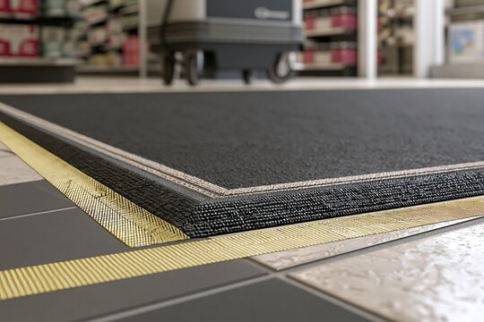 Retail Safety Mat Edge with Yellow Anti-Slip Tape on Tile Floor