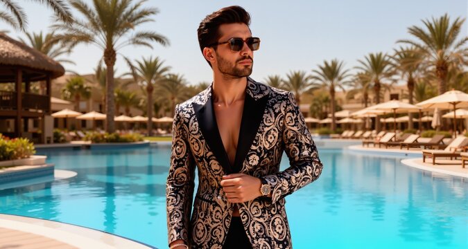 Stylish Man in Patterned Jacket Posing by Resort Pool
