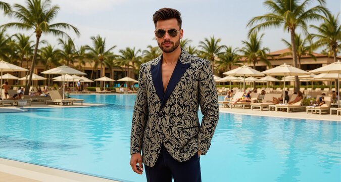 Stylish Man in Patterned Jacket Posing by Resort Pool
