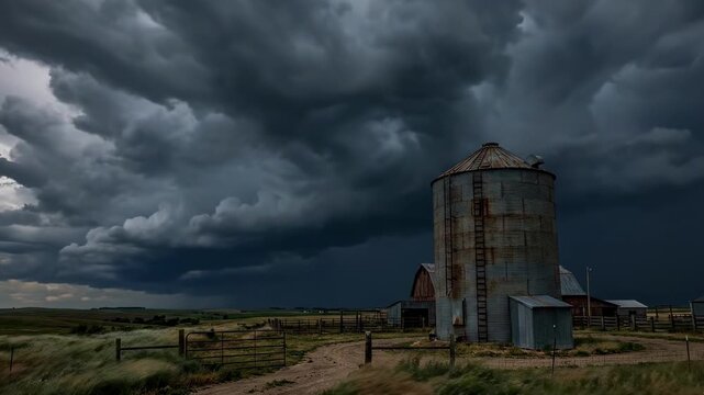 Dramatic storm clouds over silos and farmland landscape. Dark billowing clouds loom ominously over rustic structures including metal silos and barn. Conceptual atmospheric tension in rural setting.