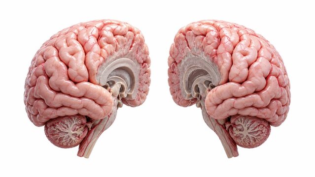 Realistic human brain halves shown in sagittal view on a clean white background