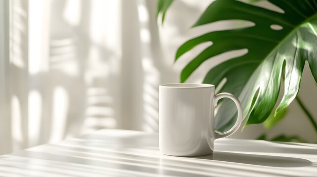 White ceramic mug on desk with sunny monstera leaf shadow