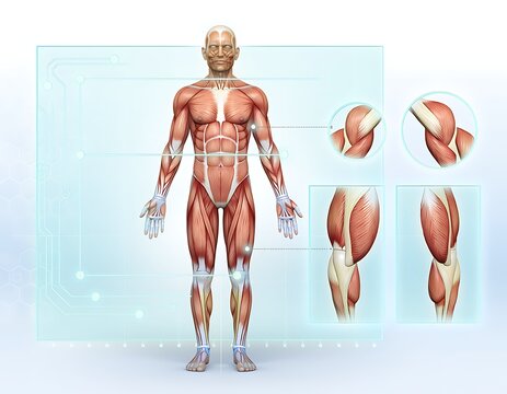 3D anatomical model of human muscular system front and back views.