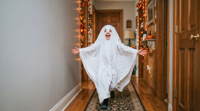 Ghostly Fun: A child dressed as a playful ghost runs down a decorated hallway, ready for Halloween night.