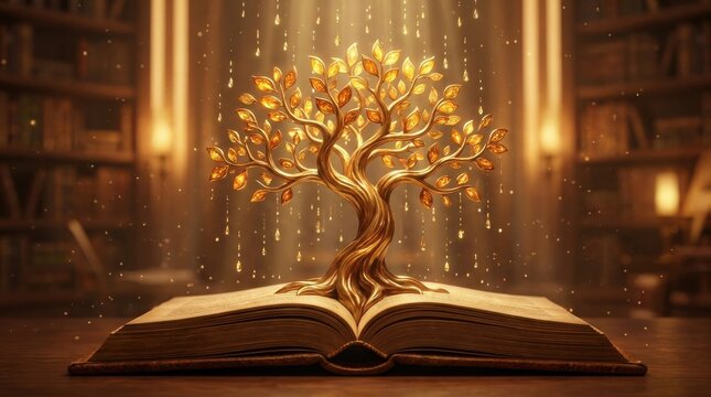 Golden tree of knowledge grows from an open book in a library