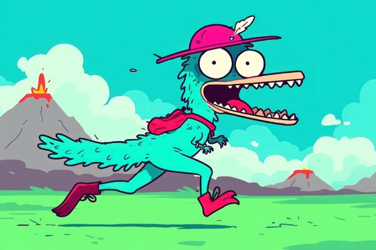 Excited dinosaur runs volcanic landscape, adventure cartoon