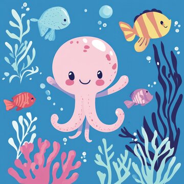 Cute octopus swims in ocean with fish, seaweed; kids' book illustration