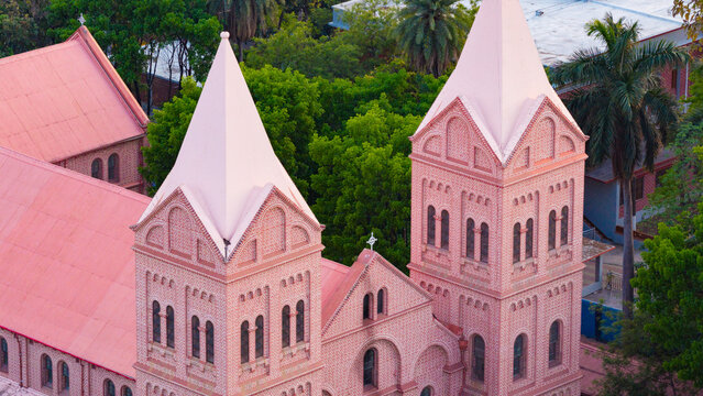 Aerial view of St. Mary's Immaculate Conception Cathedral showing its distinctive pink brick facade, twin towers, and surrounding lush green trees in Ranchi, Jharkhand, India.
