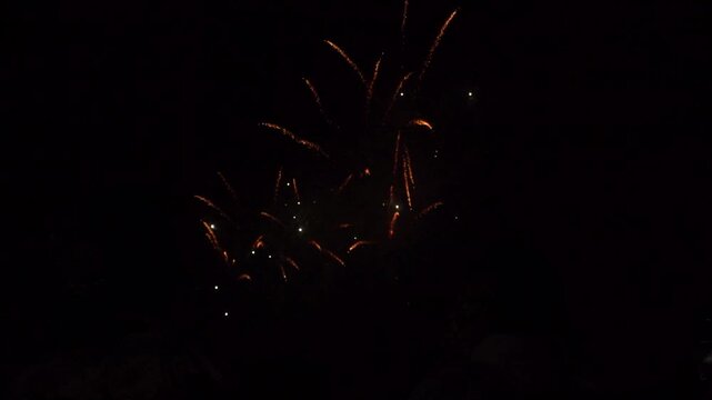 TOKYO, JAPAN - 28 JULY 2026 : Rear view of people silhouette watching fireworks show at night. Japanese romantic summer scene concept video. Slow motion shot.
