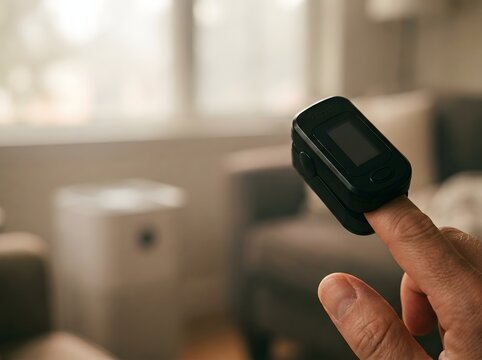 Close Up of Hand Using Pulse Oximeter Fingertip Medical Device for Health Monitoring at Home