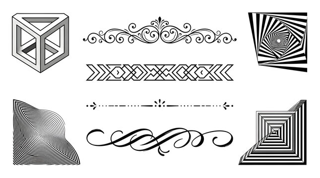 Optical illusion corner graphics and borders. Black and white geometric design elements set.